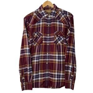 Red Camel Western‎ Shirt Men's LG Burgundy Plaid Pearl Snaps Flannel 100%Cotton